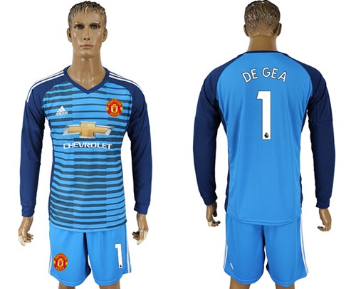 Manchester United #1 De Gea Blue Long Sleeves Soccer Club Jersey